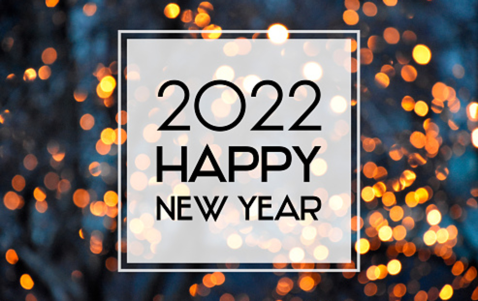 2022 New Year sign on a glowing background. Happy New Year 2022 night defocused lights texture greeting card images
